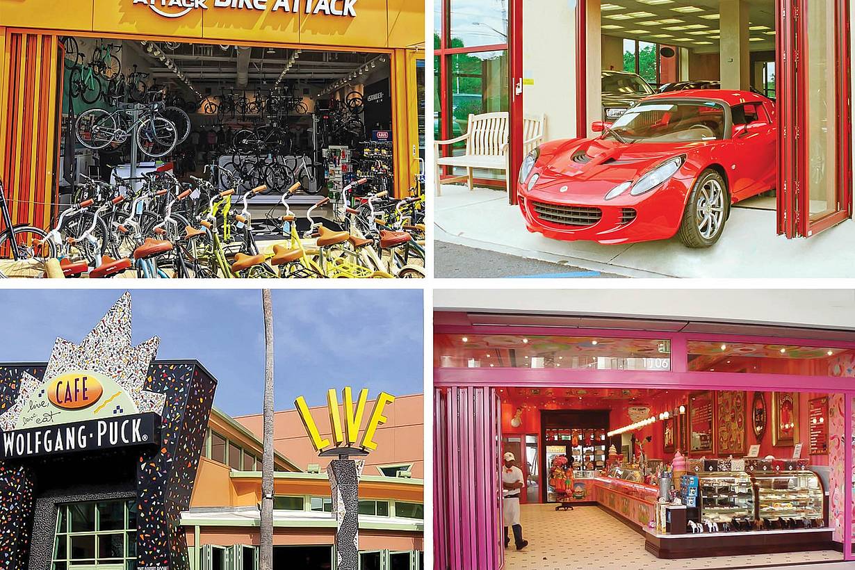 colorful commercial storefronts with powder coated aluminum framed opening glass walls