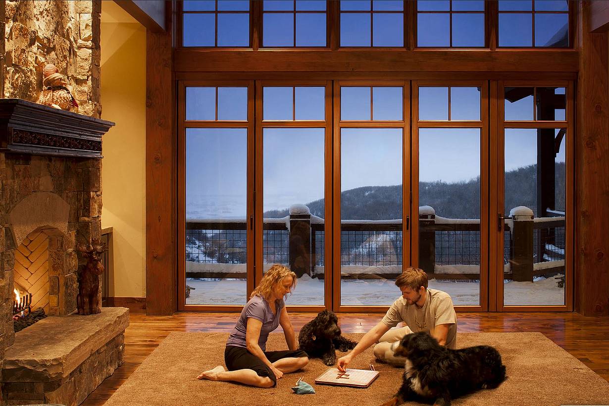 warm and comfortable winter getaway in Utah with folding glass wall