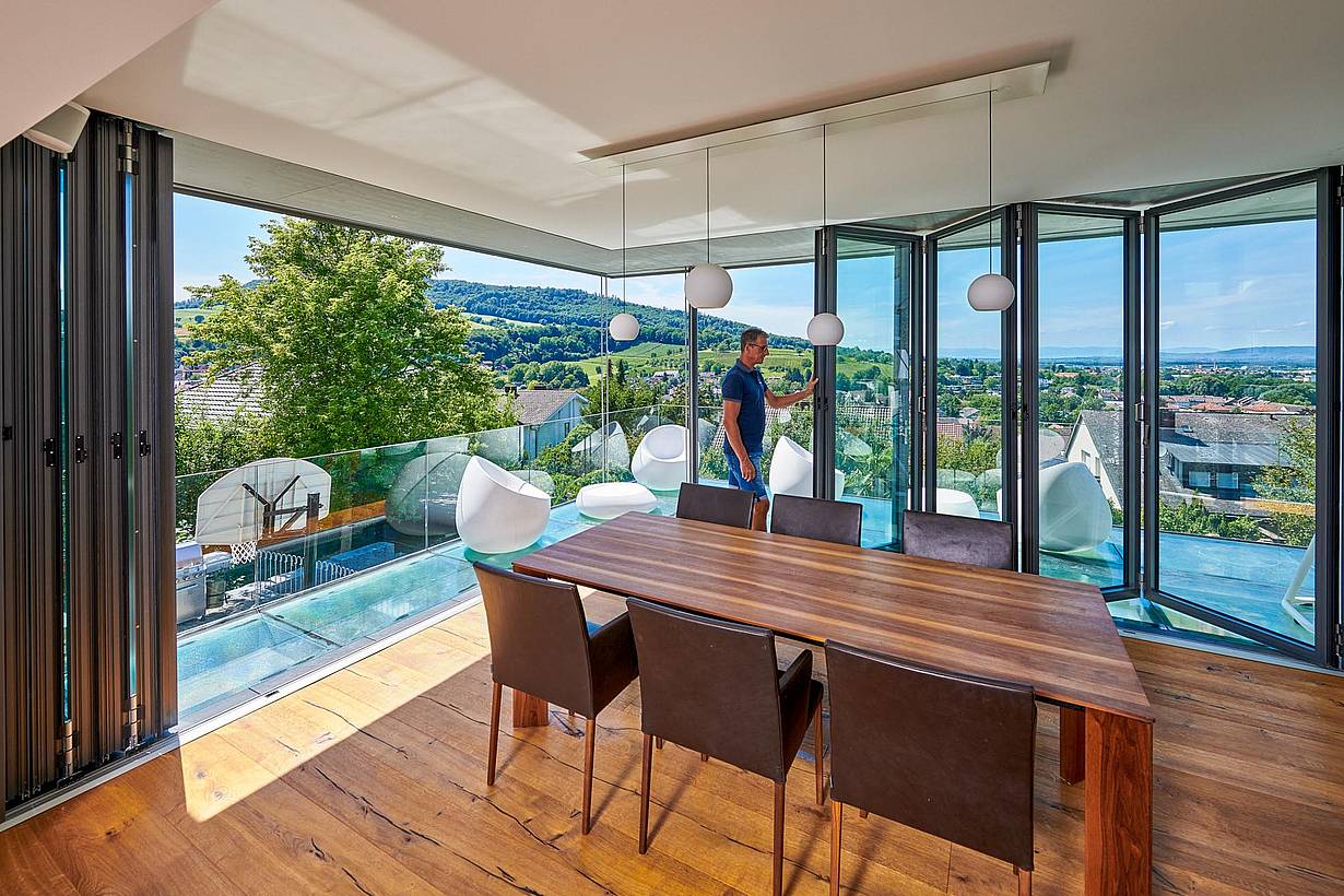 open corner design with exterior moving glass walls