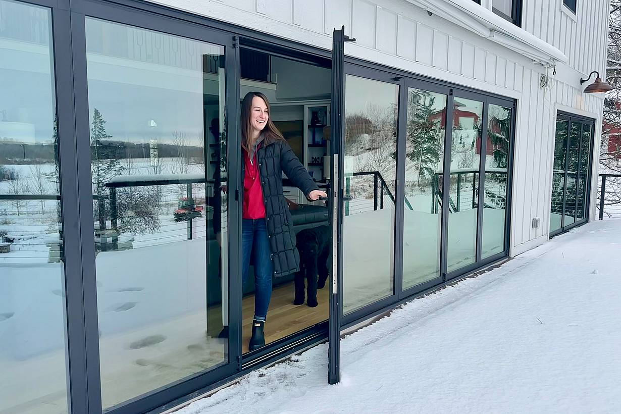 aluminum opening glass doors in snow