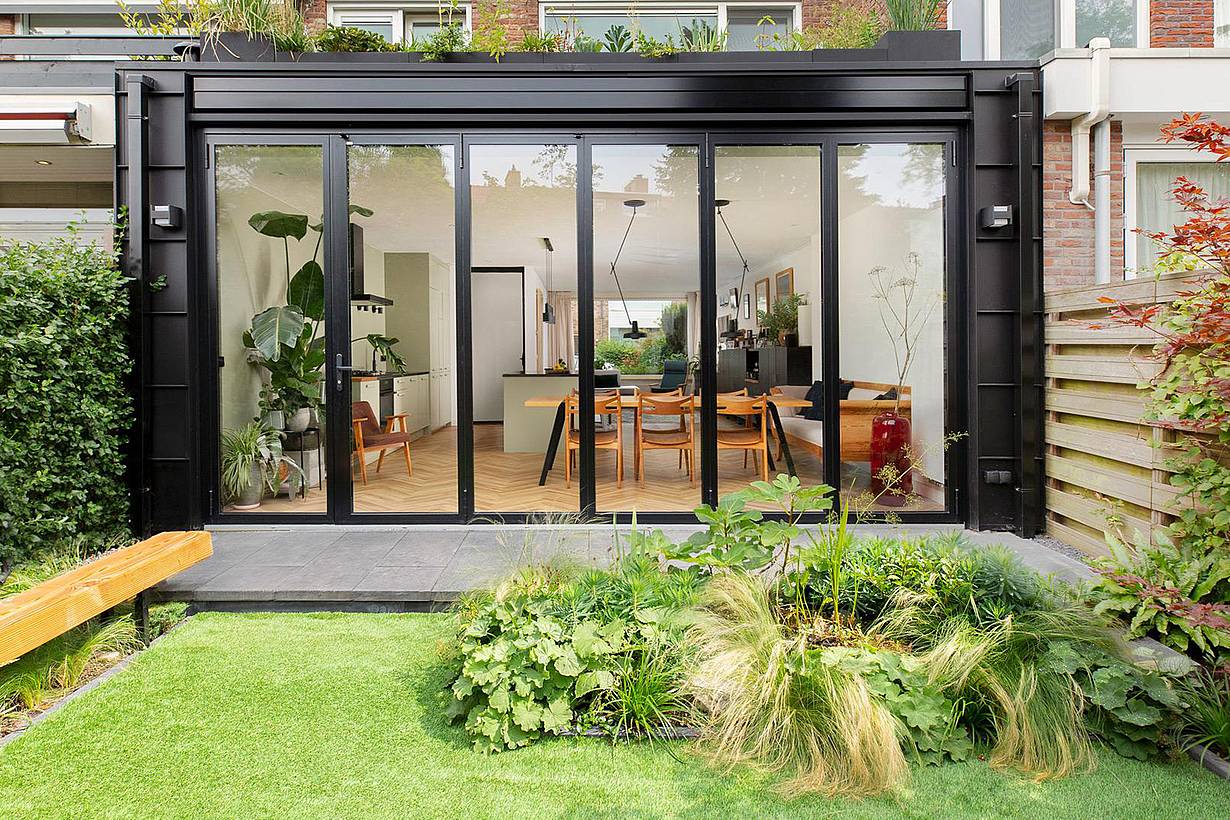 Townhouse backyard featuring folding patio doors - closed doors view