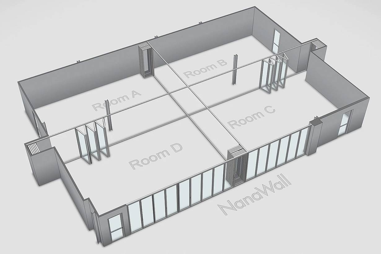 Acoustical folding glass walls animation - T-Intersection layout at Montgomery ISD