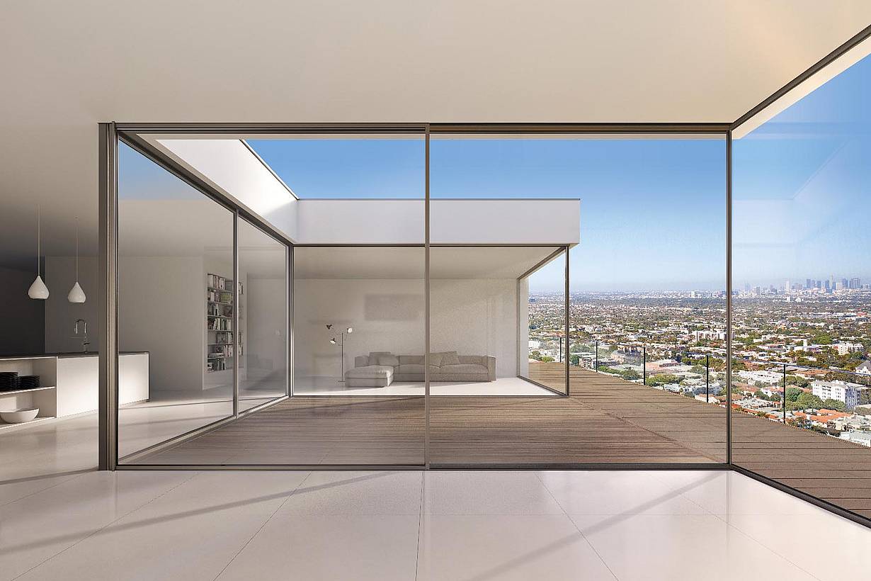 Modern minimalist interior featuring large panel minimal sliding glass walls, complemented by expansive glass windows offering a cityscape view. Connect with NanaWall