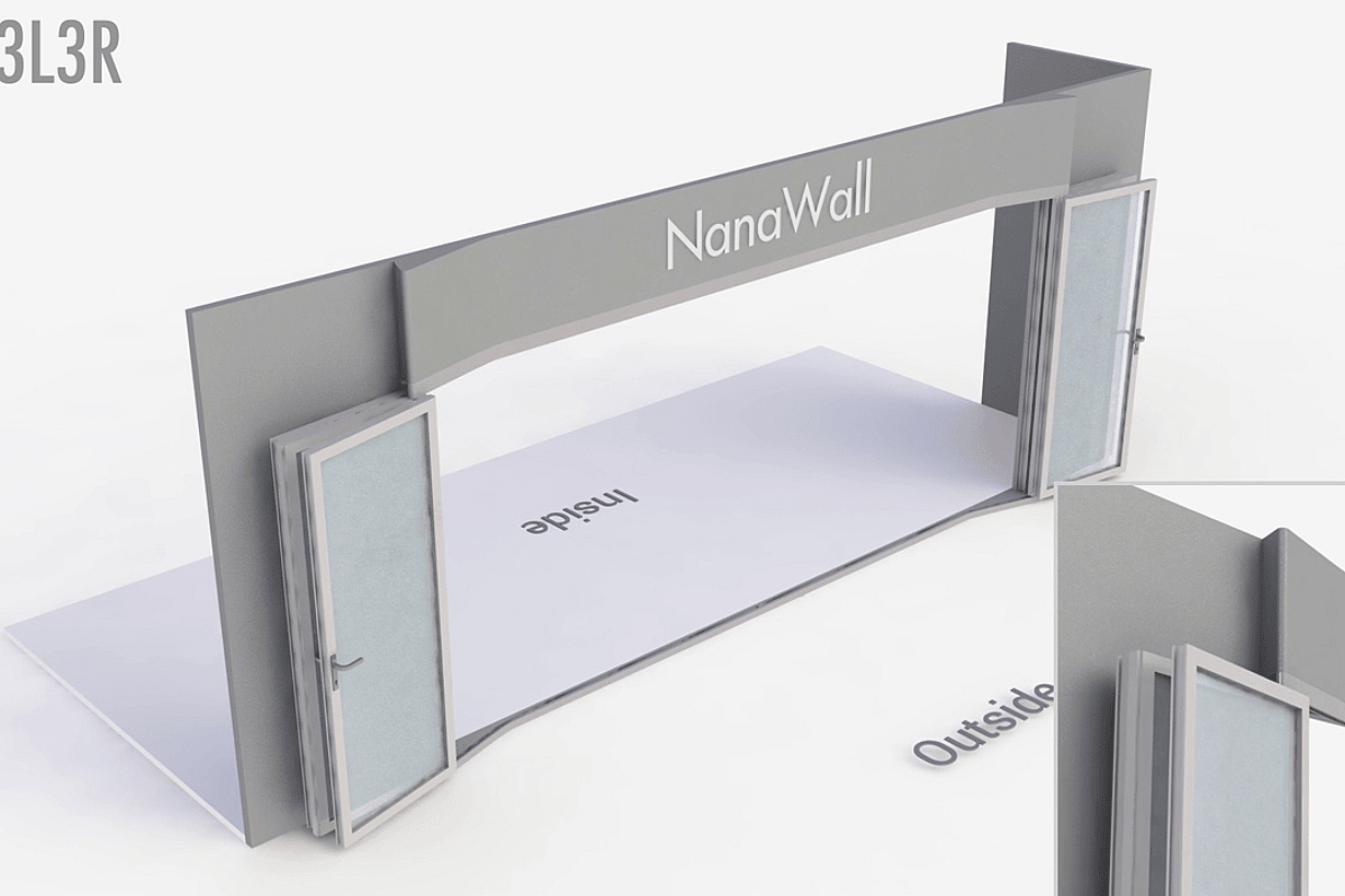 NanaWall FoldFlat configuration: 6-panel folding glass door, outward opening; 3 panels fold left and 3 panels fold right (FF o3L3R)
