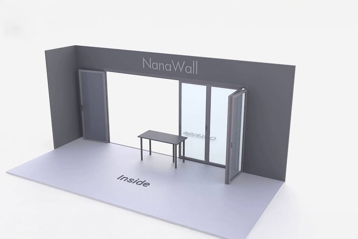 NanaWall Fourfold configuration with table: 5-panel folding glass door, inward opening; folding sets: 1L and 4LR (i1L, 4LR)