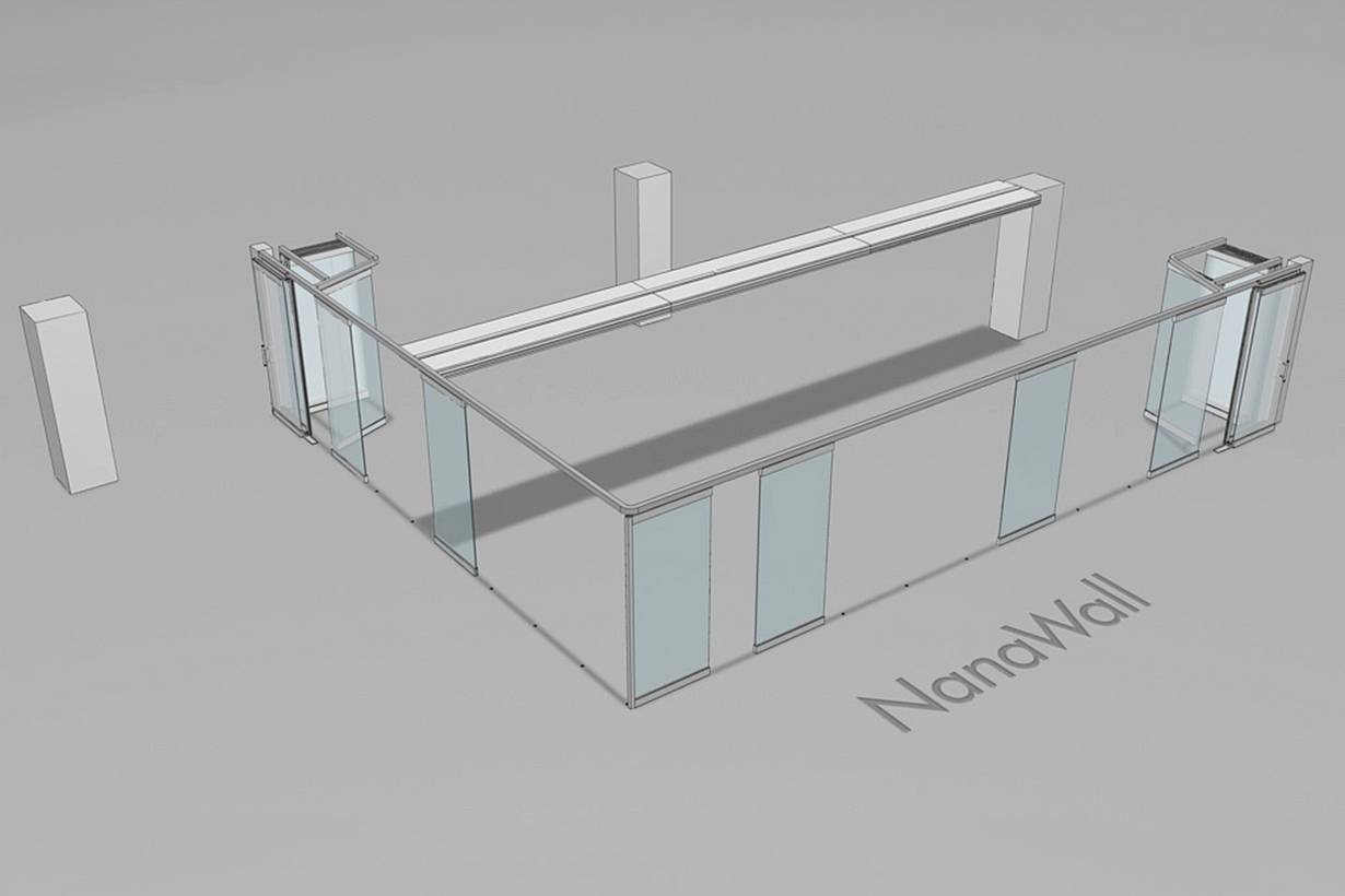NanaWall PrivaSEE vertical lift glass partitions in a T-intersection configuration separating office space.