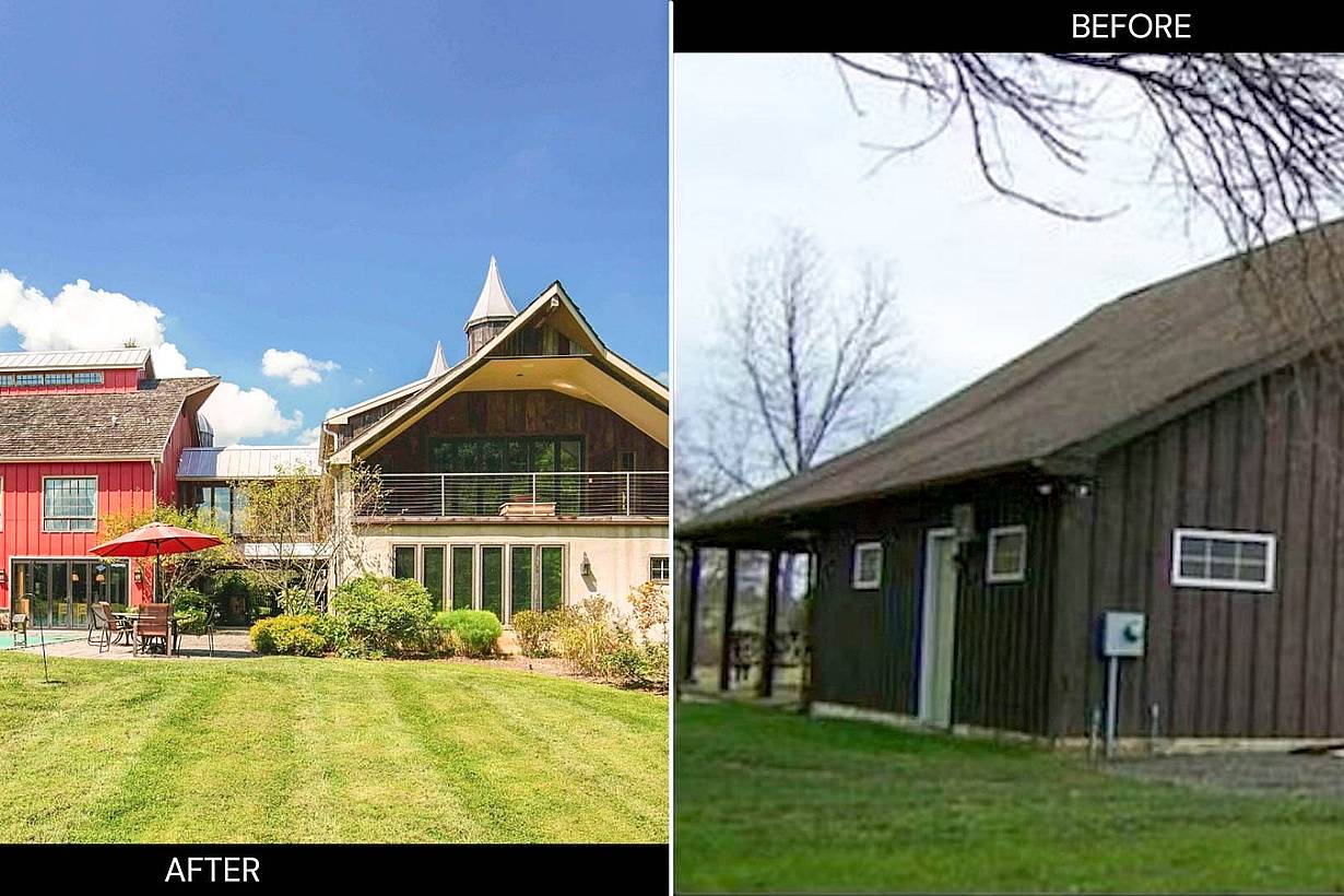 Barn conversion project transforming a traditional red barn into a modern home with patio doors and landscaped grounds