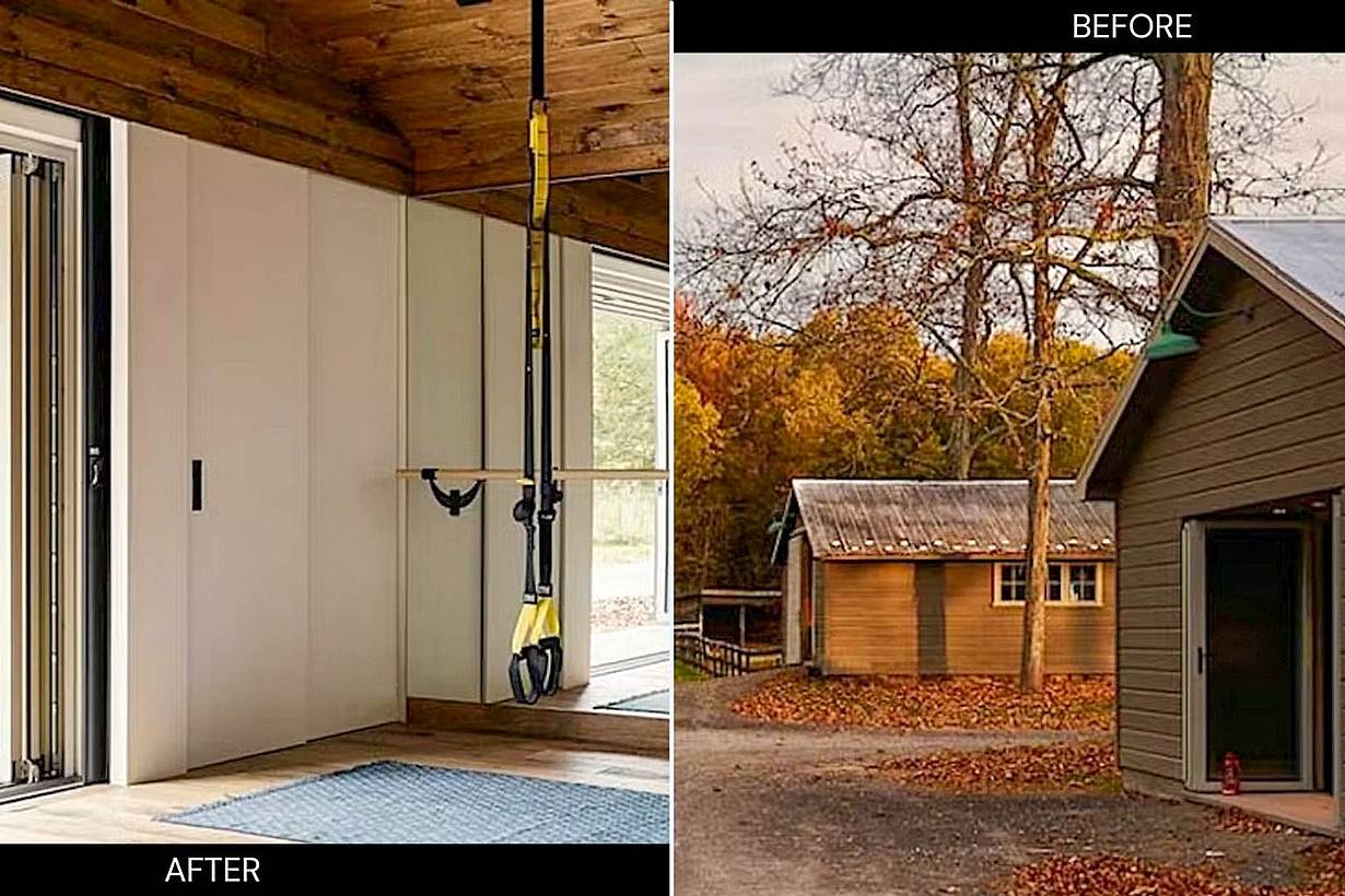 Barn conversion of a small outbuilding into a modern interior space with large patio doors for indoor outdoor connection