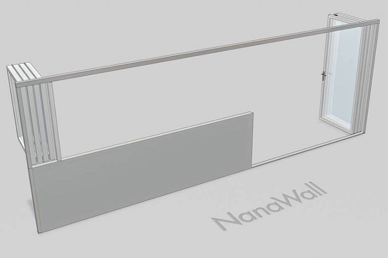 NanaWall seven-panel folding glass wall, outward opening, 4-panels window folding left and 3 panels doors folding right (o4L 3R)