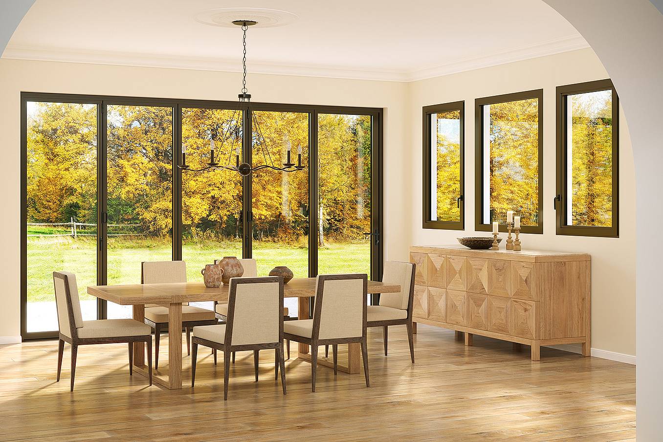 Dining room features large thermal-efficiency tilt-turn windows showcase the vibrant autumn trees outside. 