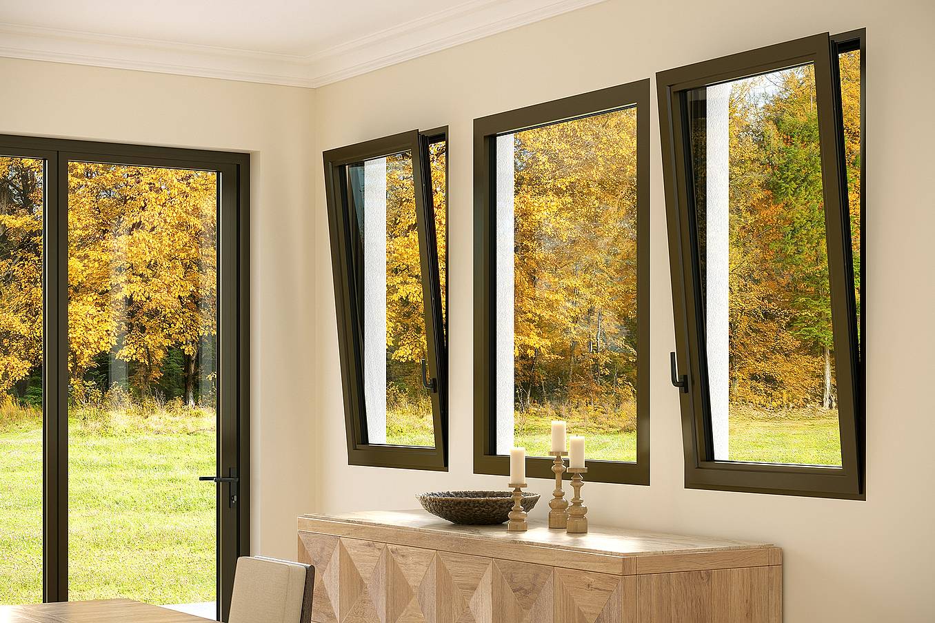 Three open windows, utilizing the tilt function to provide refreshing airflow and ventilation, and a glass door in a room reveal a view of autumn's grassy expanse and golden-leaved trees. 