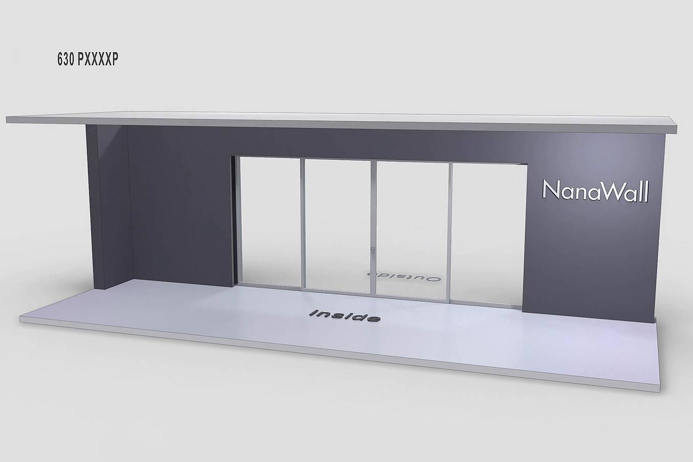 NanaWall MultiSlide 630 pocketing configuration: 4-panel sliding glass wall with panels sliding from the center and pocketing into concealed wall pockets on both sides (PXXXP)