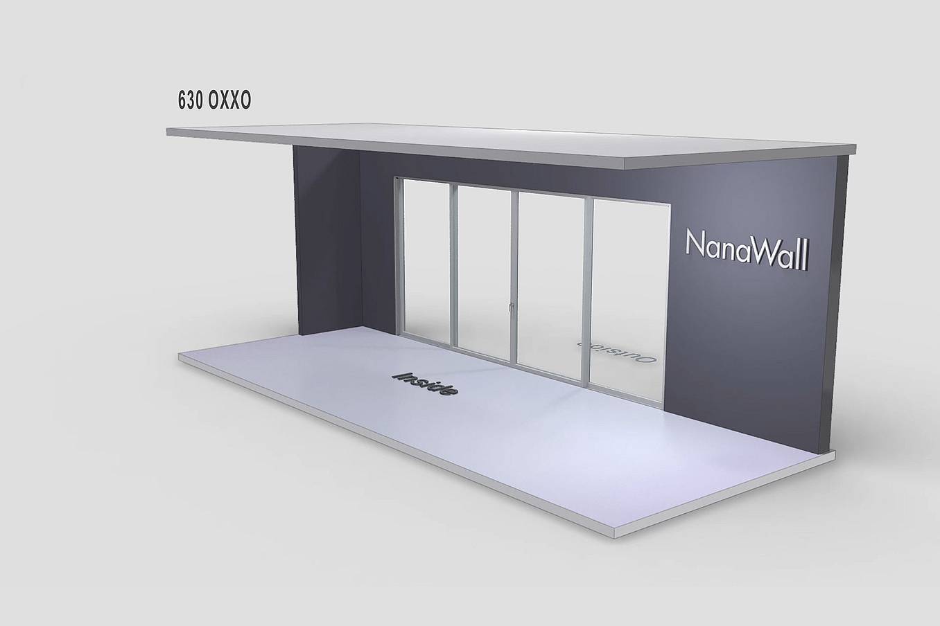 NanaWall MultiSlide 630 non-pocketing configuration: sliding glass wall with center-opening panels and fixed panels on both sides (OXXO)