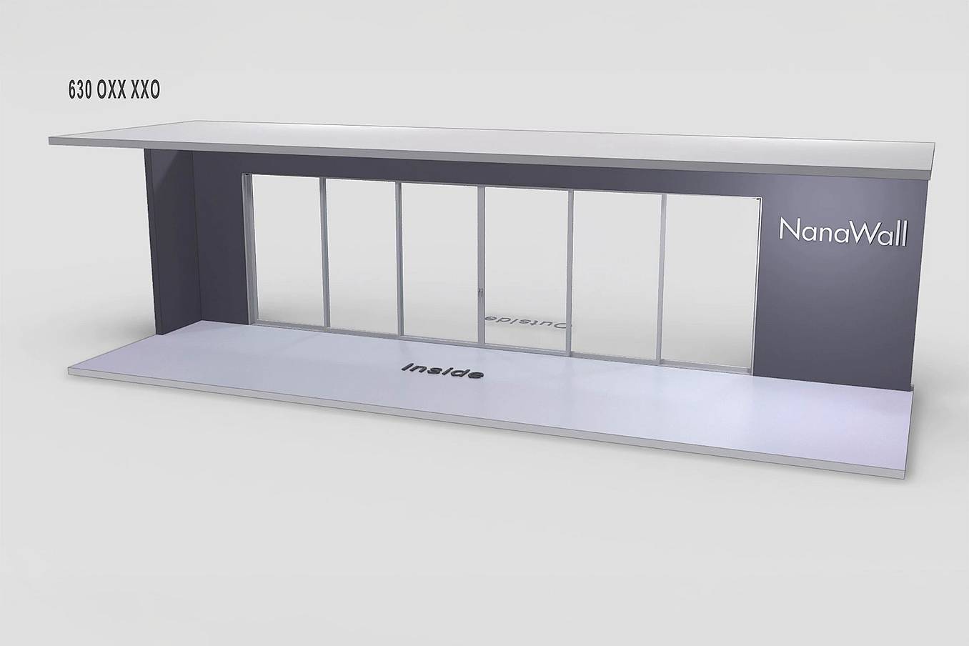 NanaWall MultiSlide 630 non-pocketing configuration: sliding glass wall with center-opening panels and fixed panels on both sides (OXX XXO)