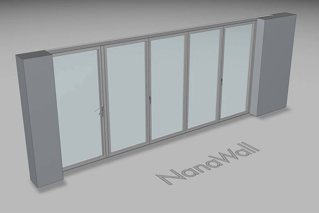 NanaWall pocketing configuration: 6-panel folding glass door, outward opening; 1 panel folds left, 4-panel set folds left/right, and 1 panel folds right (o1L, 4LR, 1R)