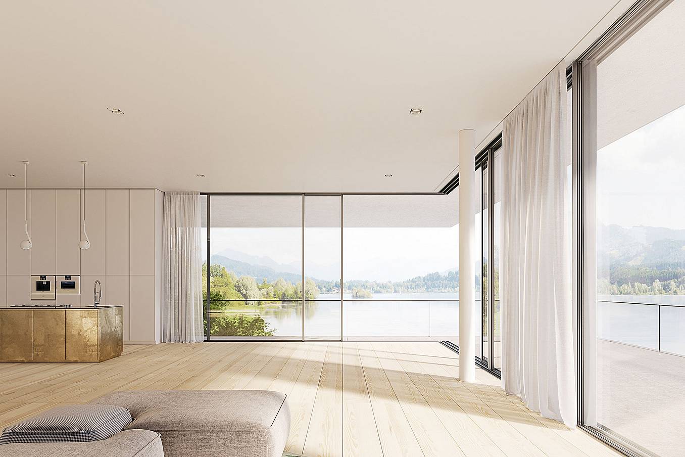 A living room with sliding patio doors offering a view of a lake