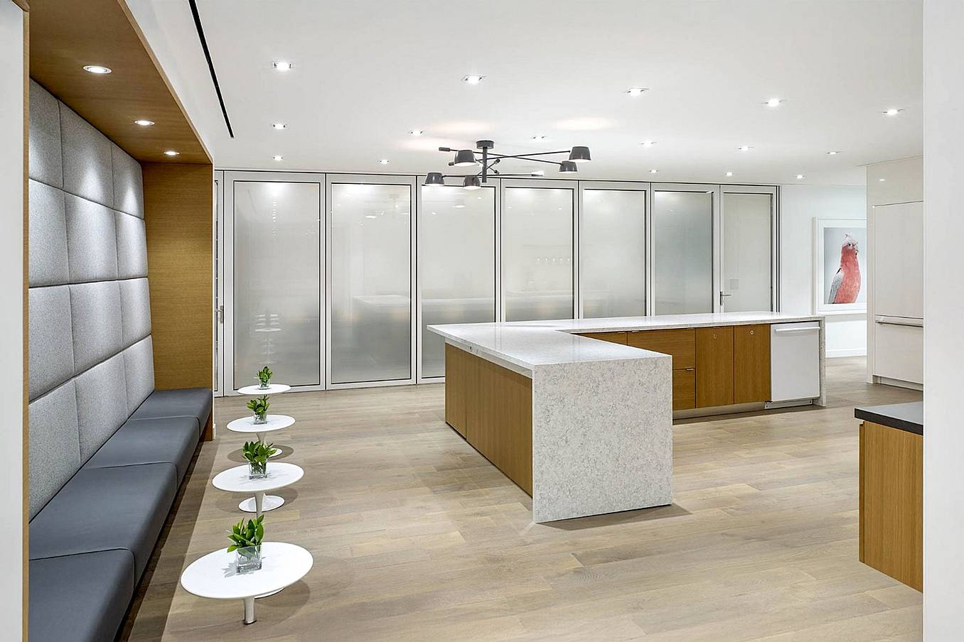 Modern office space featuring glass wall partitions
