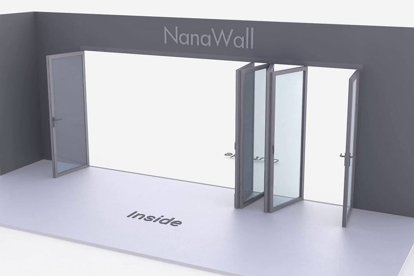 NanaWall Fourfold configuration: 6-panel folding glass door; 1 panel folds left, 4-panel set folds left/right, and 1 panel folds right (1L, 4LR, 1R)