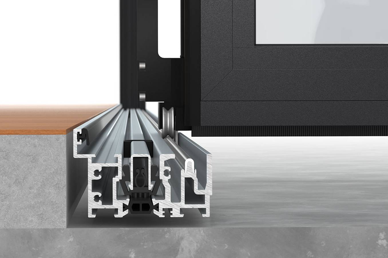 Thermally broken NanaWall performance sill detail showing high water resistance, compression gaskets, and engineered floor-supported operation