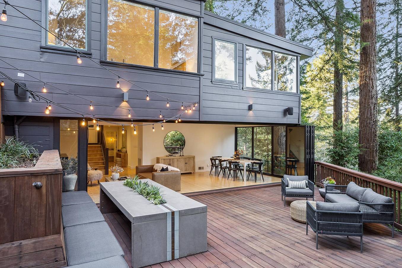 NanaWall SL45 bifold glass doors at a Campbell House residence in Kentfield, California, connecting the interior living space to an outdoor patio
