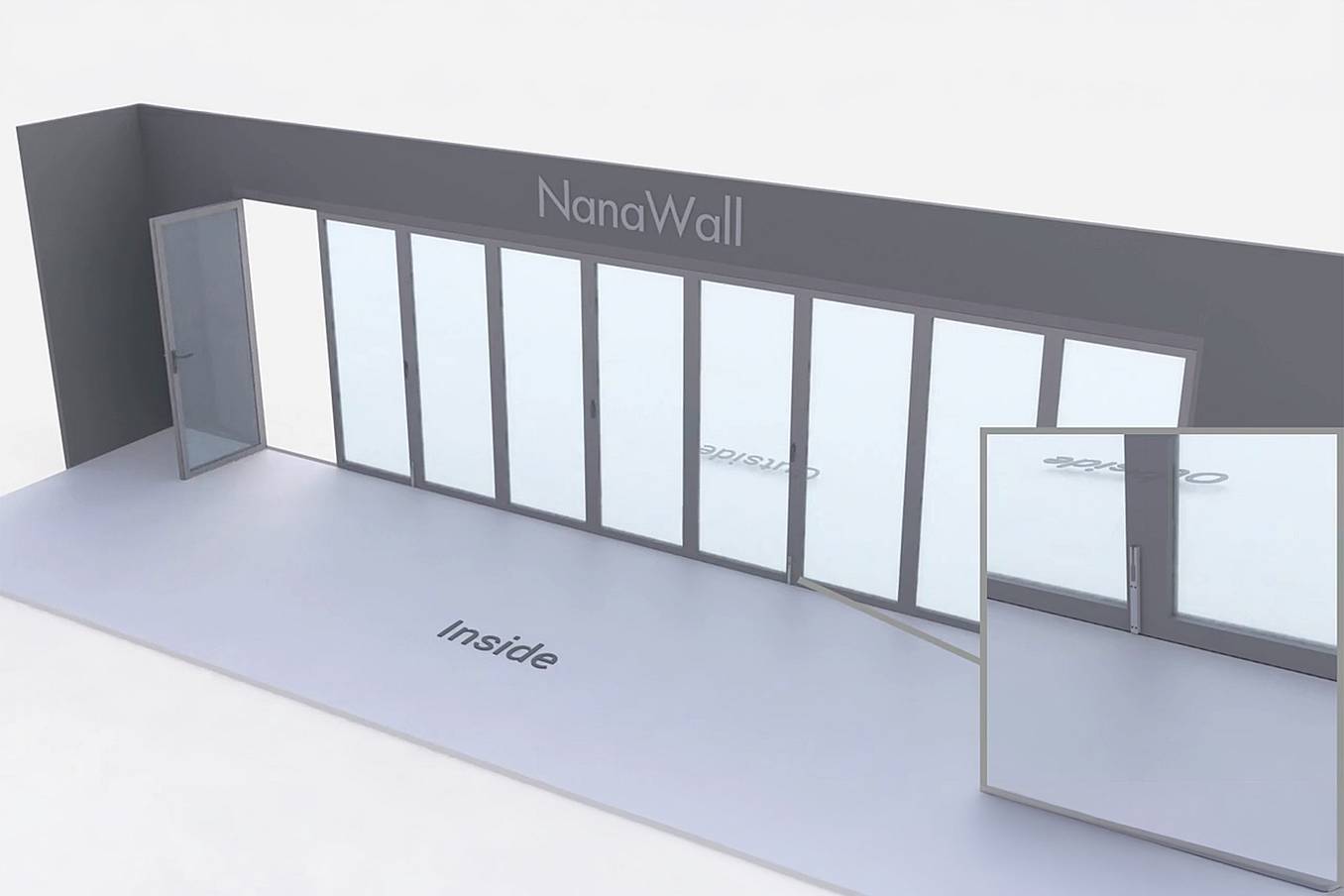 NanaWall Fourfold configuration: 9-panel folding glass door, inward opening; 1 panel folds left and two 4-panel sets fold left/right (i1L, 4LR, 4LR)