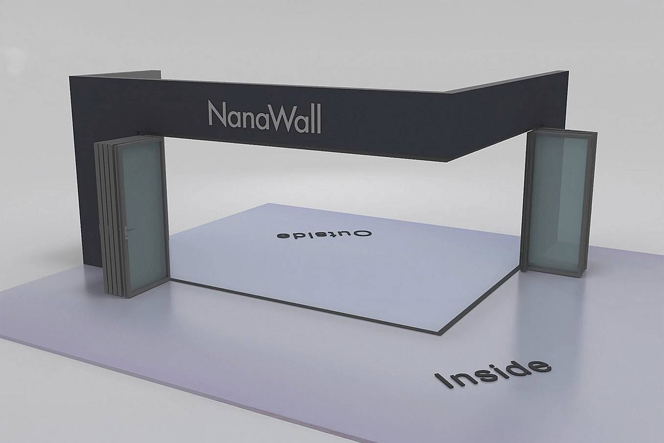 NanaWall nine-panel folding glass door, inward opening, 5 panels folding left and 4 panels folding right (i5L4R)