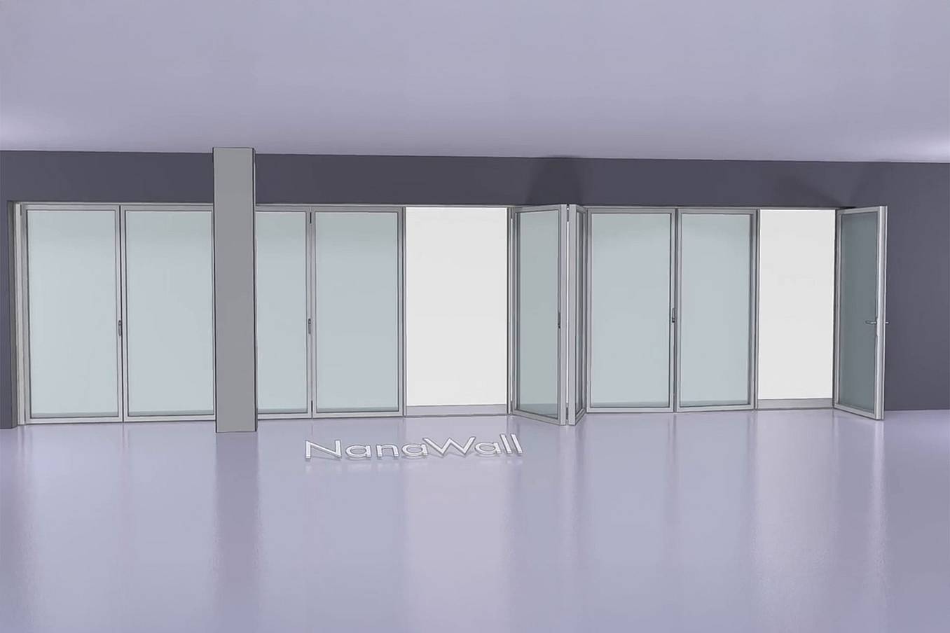 NanaWall Fourfold/Sixfold configuration: 9-panel folding glass door, inward opening; 4 panels fold left, 4-panel set folds left/right, and 1 panel folds right (i4L, 4LR, 1R)