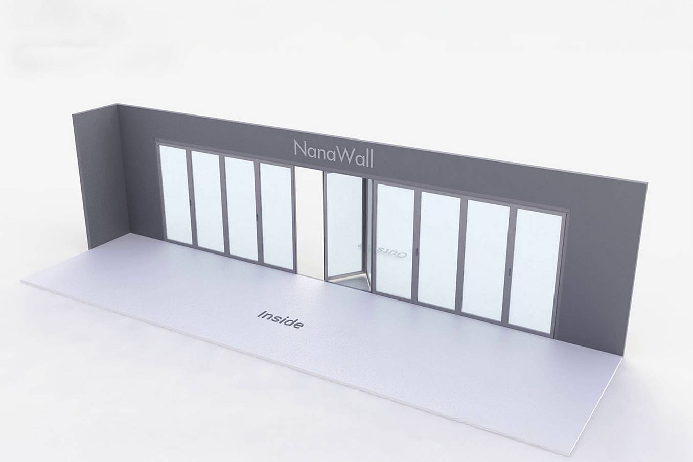 NanaWall standard configuration: 10-panel folding glass door, outward opening; 4 panels fold left and 6 panels fold right (o4L6R)