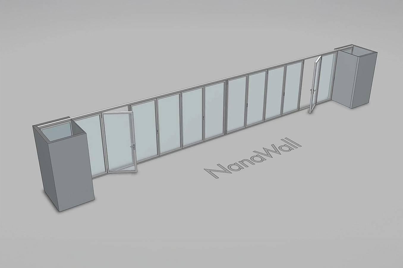 NanaWall pocketing configuration: 14-panel folding glass door, inward opening; 3 panels fold left, two 4-panel sets fold left/right, and 3 panels fold right (i3L, 4LR, 4LR, 3R)