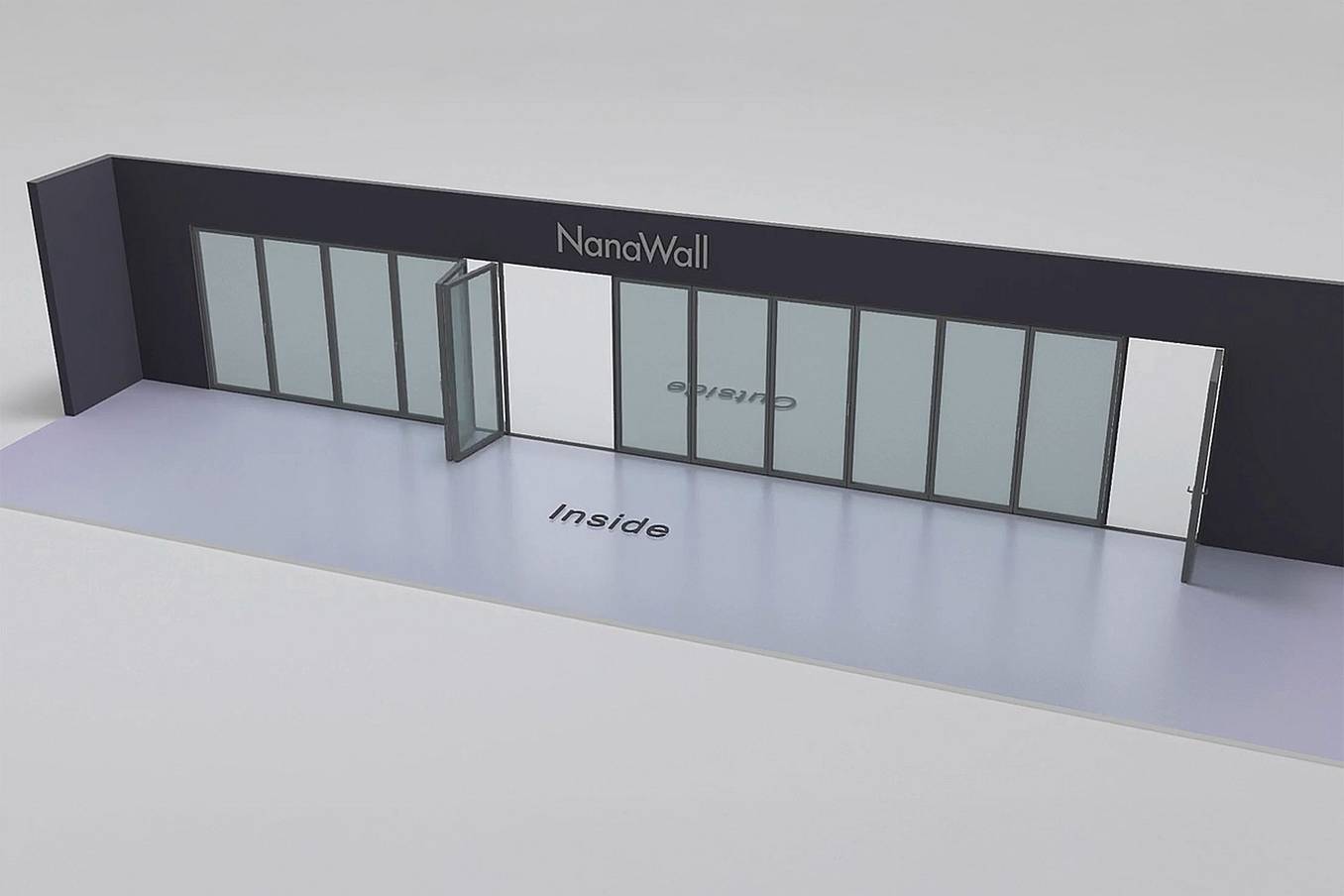 NanaWall thirteen-panel folding glass door, inward opening; 6 panels folding left, 6 panels folding left and right, and 1 panel folding right (i 6L 6LR 1R)