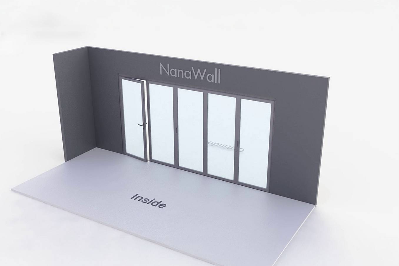 NanaWall five-panel folding glass door, inward opening; 1 panel folding left, 4 panels folding right (i1L4R)