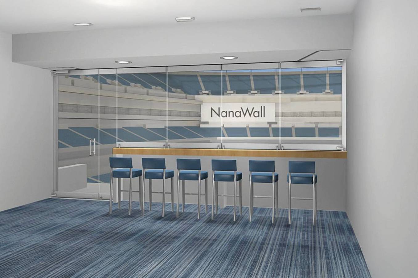 NanaWall window-door combination in a stadium VIP suite: windows and glass doors integrated in one opening