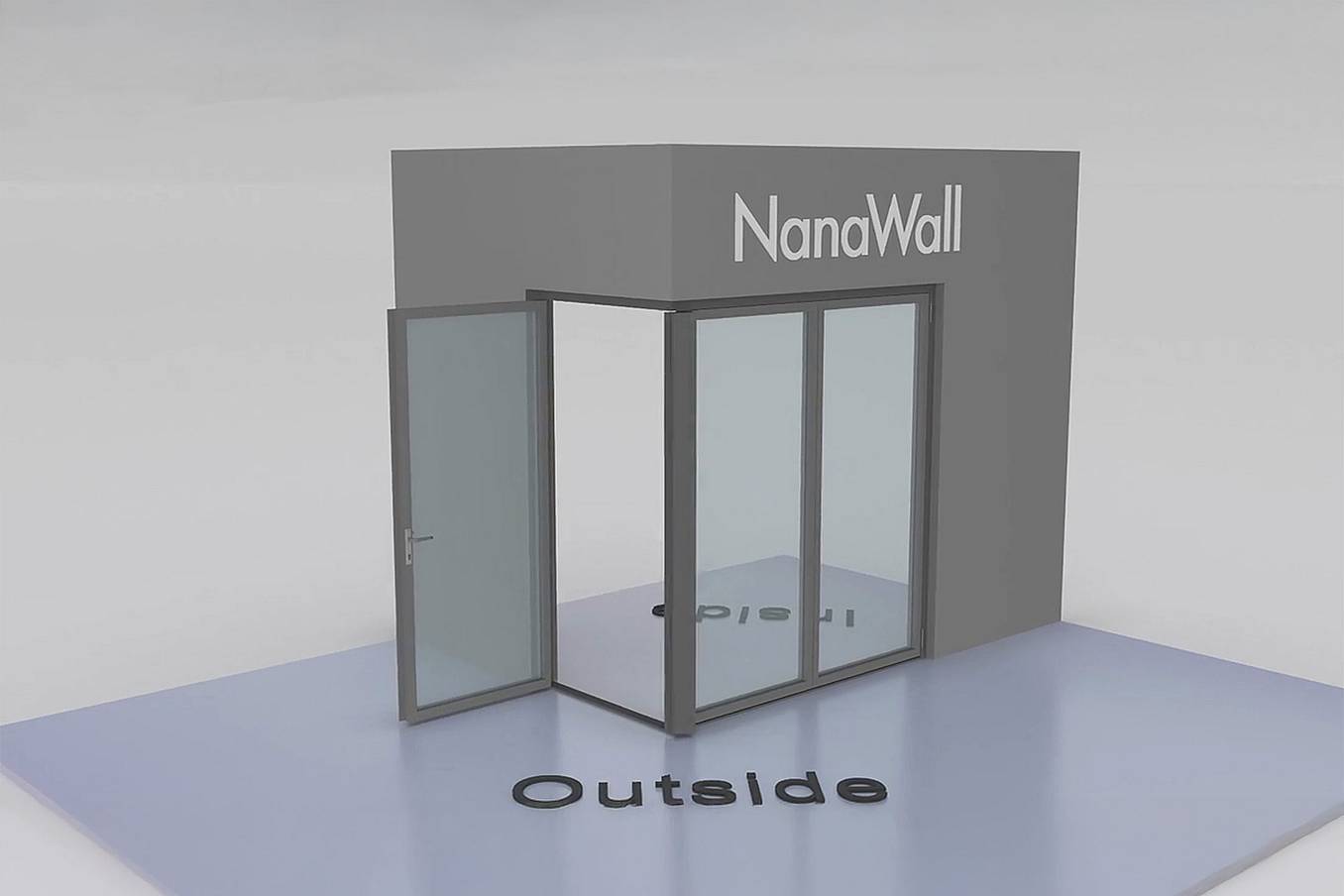 NanaWall open-corner configuration: 3-panel folding glass door, outward opening; 2 panels fold left and 1 panel folds right (o2L1R)