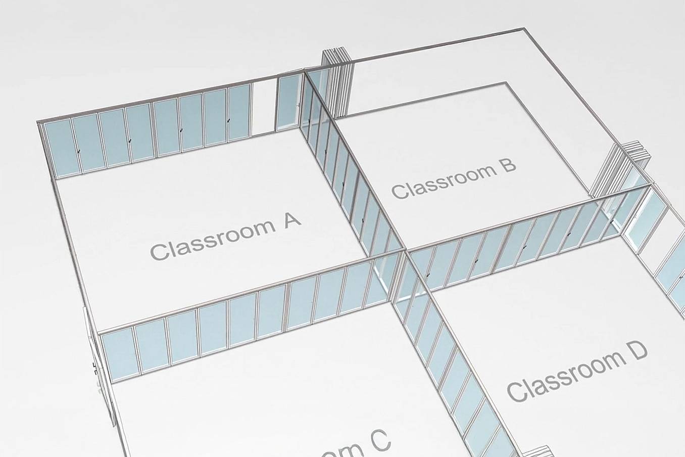 NanaWall T-intersection operable glass walls connecting classrooms at a 90° junction for flexible multi-room openings