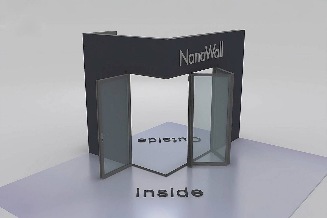 NanaWall open-corner configuration: 3-panel folding glass door, inward opening; 1 panel folds left and 2 panels fold right (i1L2R)