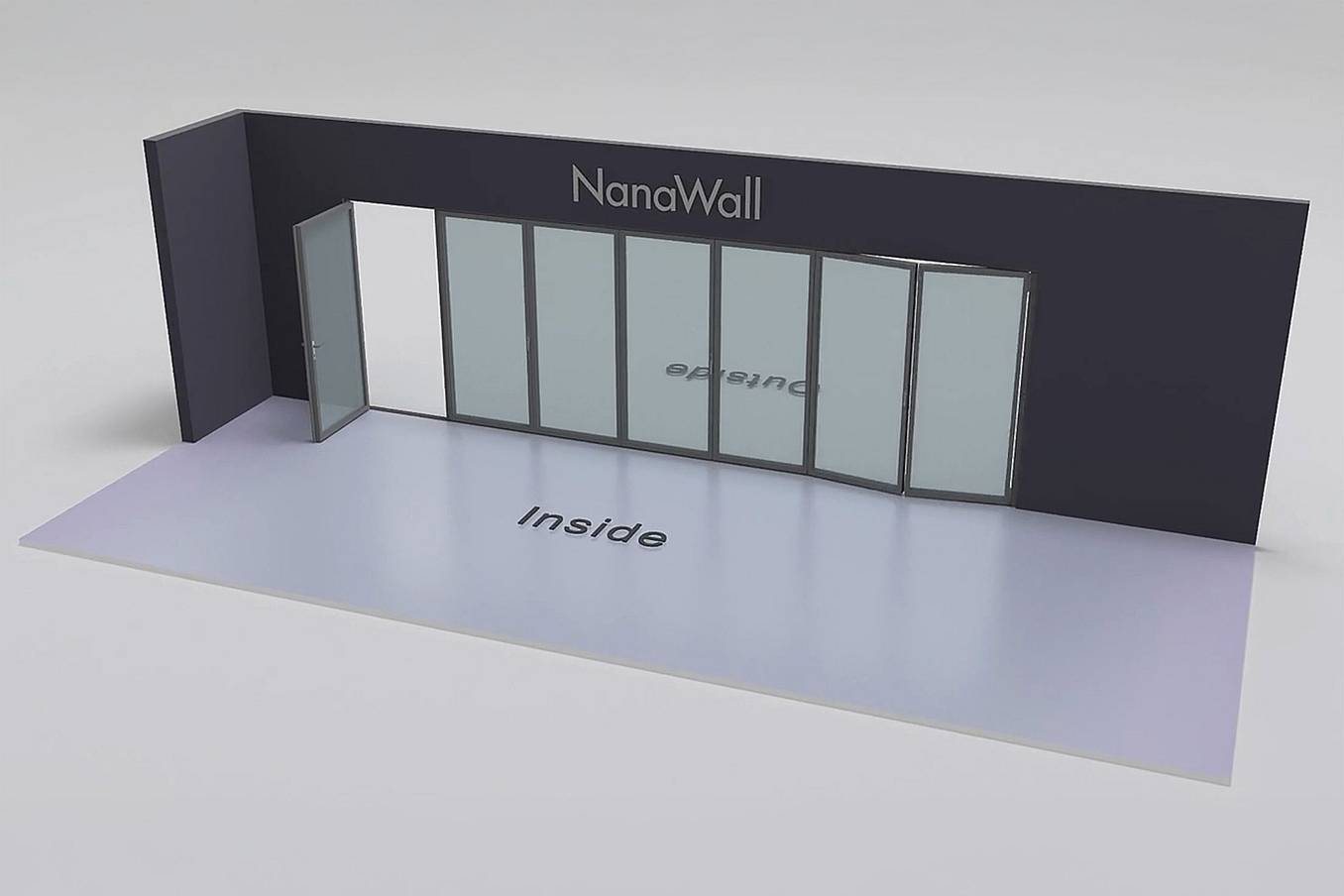 NanaWall seven-panel folding glass door, inward opening, 1 panel folding left and 6 panels folding left and right  (i 1L 6LR)