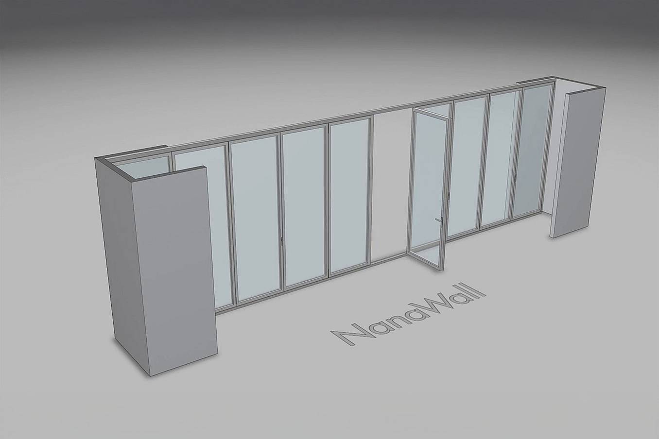 NanaWall pocketing configuration: 10-panel folding glass door, inward opening; 5 panels fold left and 5 panels fold right (i5L5R)