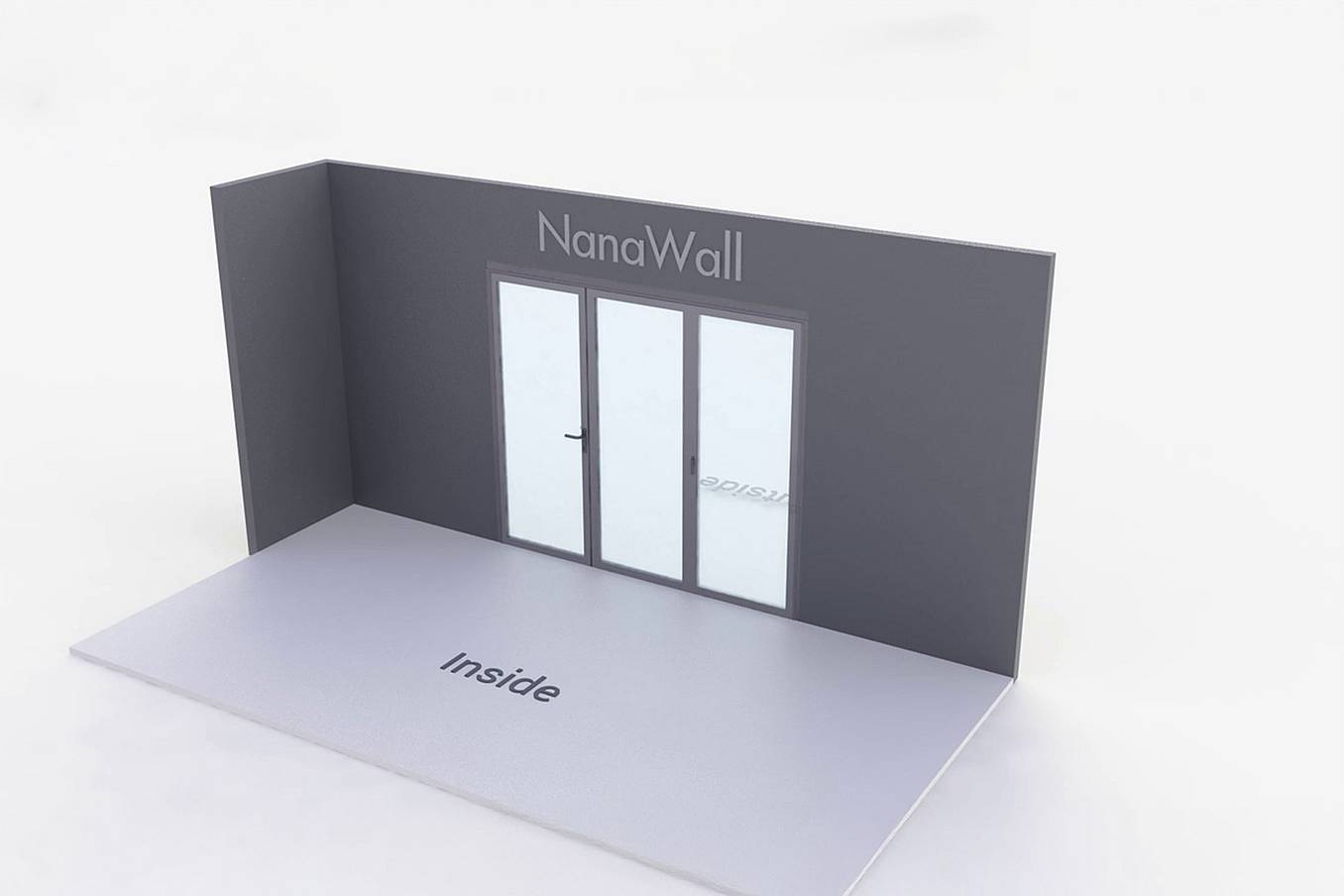 NanaWall standard configuration: 3-panel folding glass door, inward opening; 1 panel folds left and 2 panels fold right (i1L2R)
