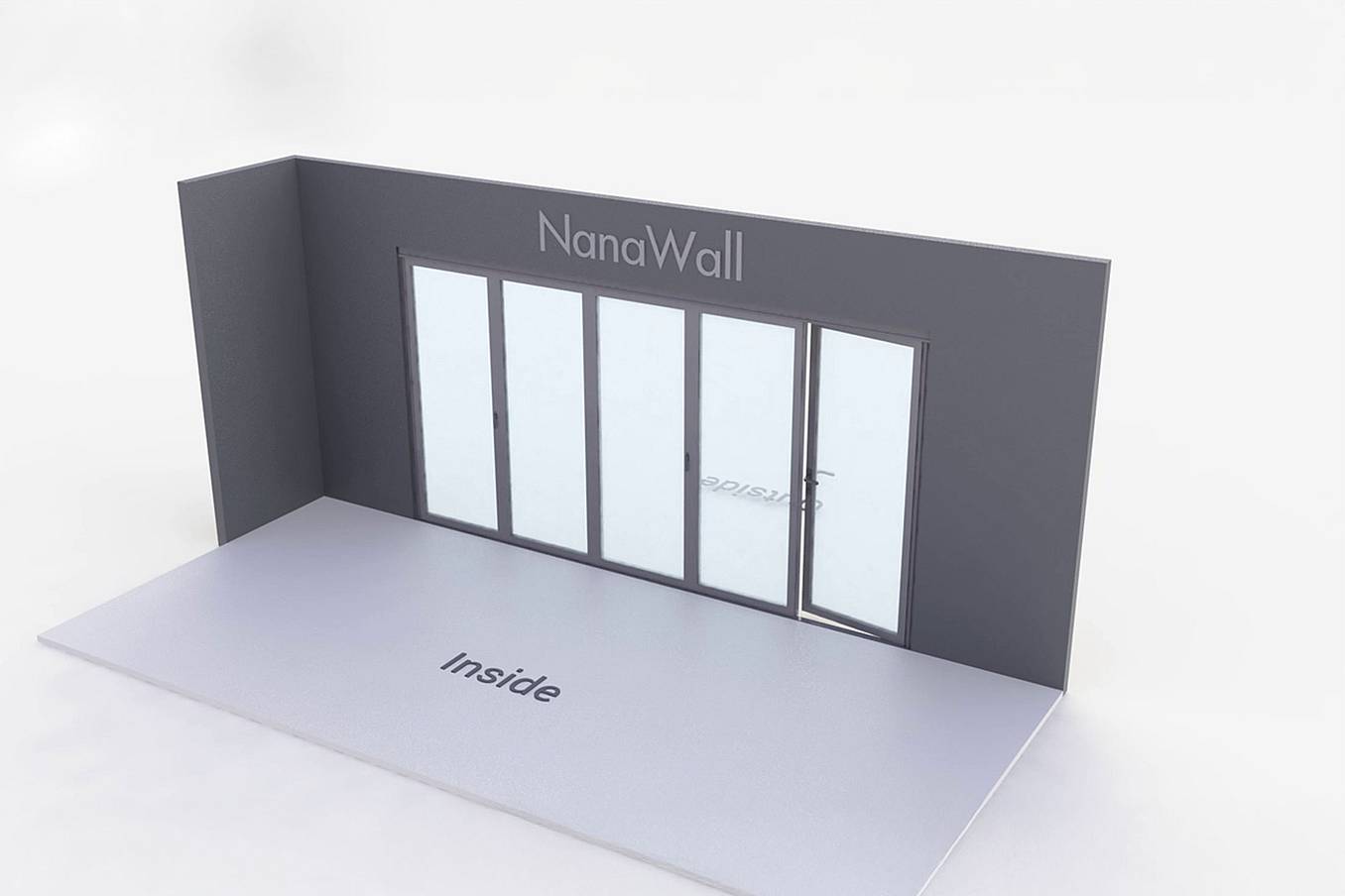 NanaWall five-panel folding glass door, outward opening, 4 panel left and 1 panels right (o4L1R)