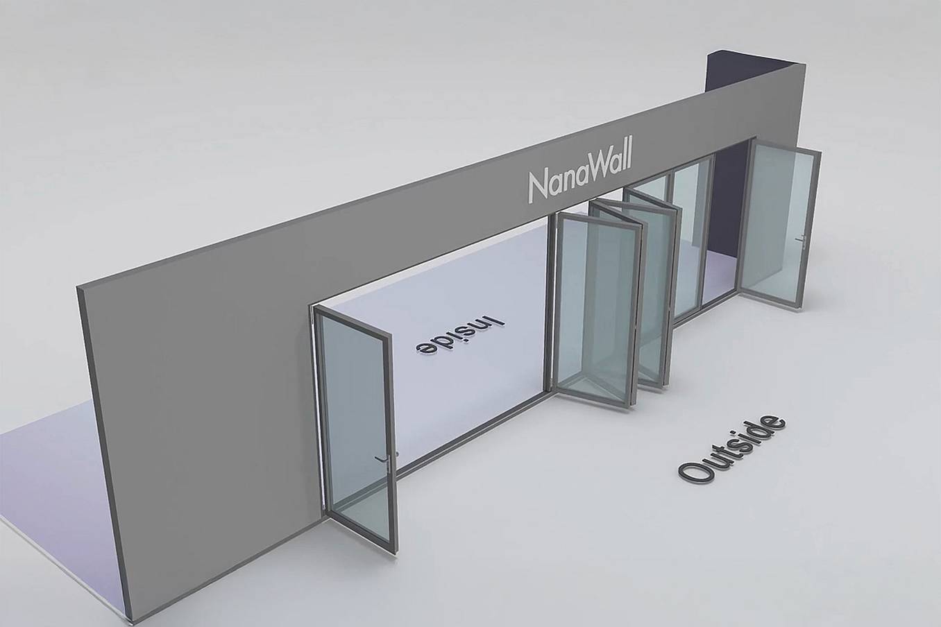 NanaWall Fourfold/Sixfold configuration: 8-panel folding glass door, outward opening; 1 panel folds left, a 6-panel set folds left/right, and 1 panel folds right (o1L6LR1R)