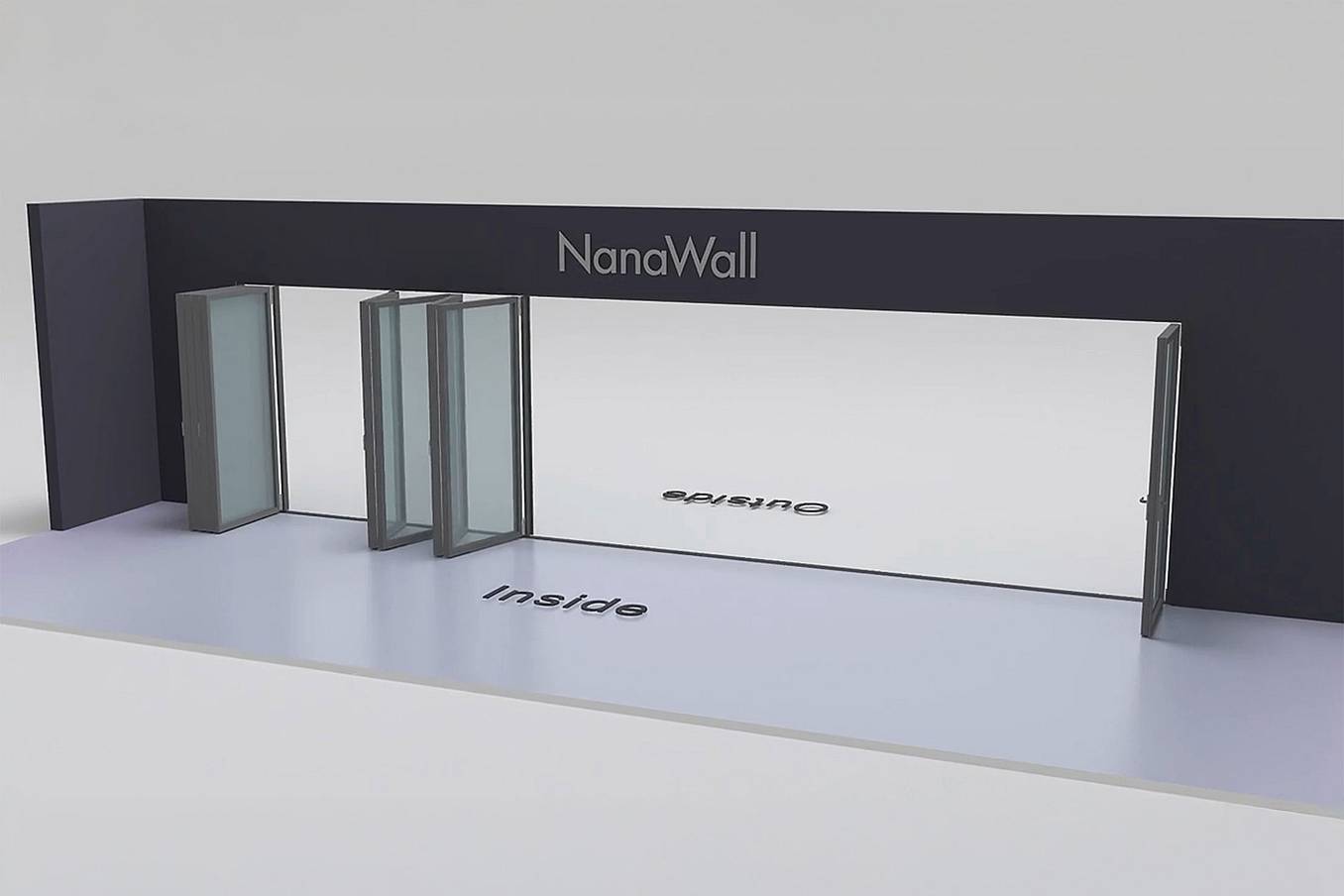 NanaWall nine-panel folding glass door, inward opening; 4 panels folding left, 4 panels folding left and right, 1 panel folding right (i 4L 4LR 1R)