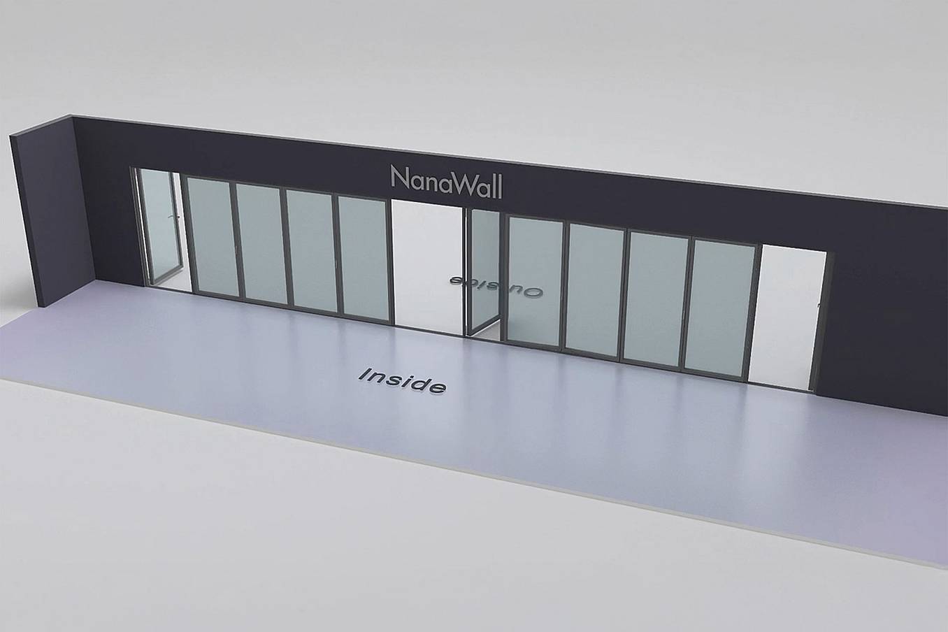 NanaWall Fourfold/Sixfold configuration: 12-panel folding glass door, outward opening; 1 panel folds left, two panel sets fold left/right (4LR and 6LR), and 1 panel folds right (o1L4LR6LR1R)