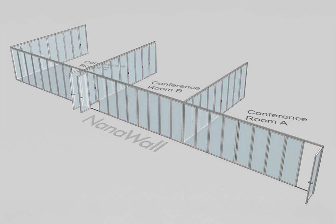 NanaWall T-intersection configuration: operable glass walls dividing conference rooms; panels open to connect Rooms A, B, and C