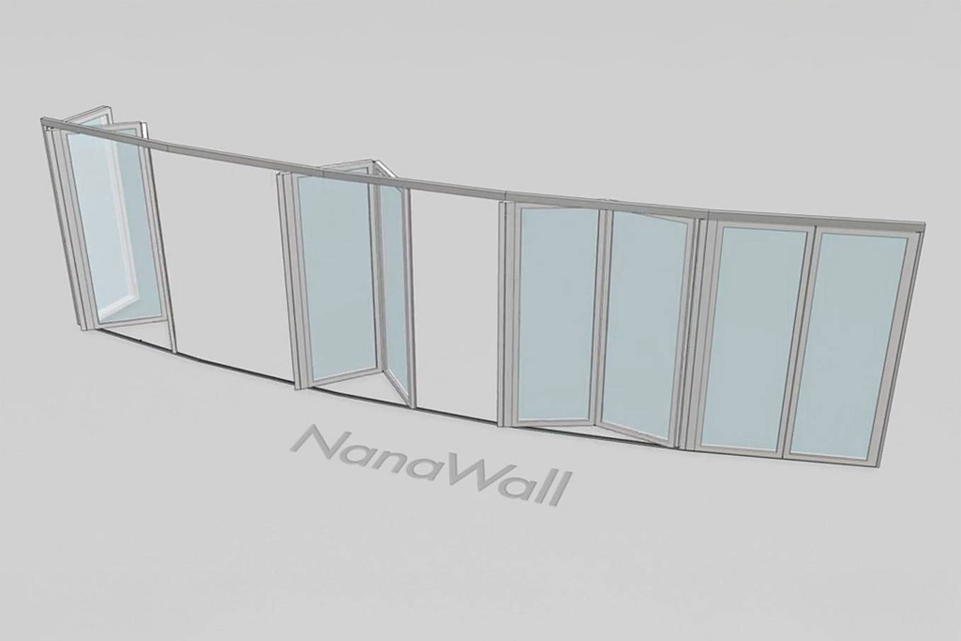 NanaWall segmented configuration: operable glass wall with angled panel segments, shown partially open along a curved layout