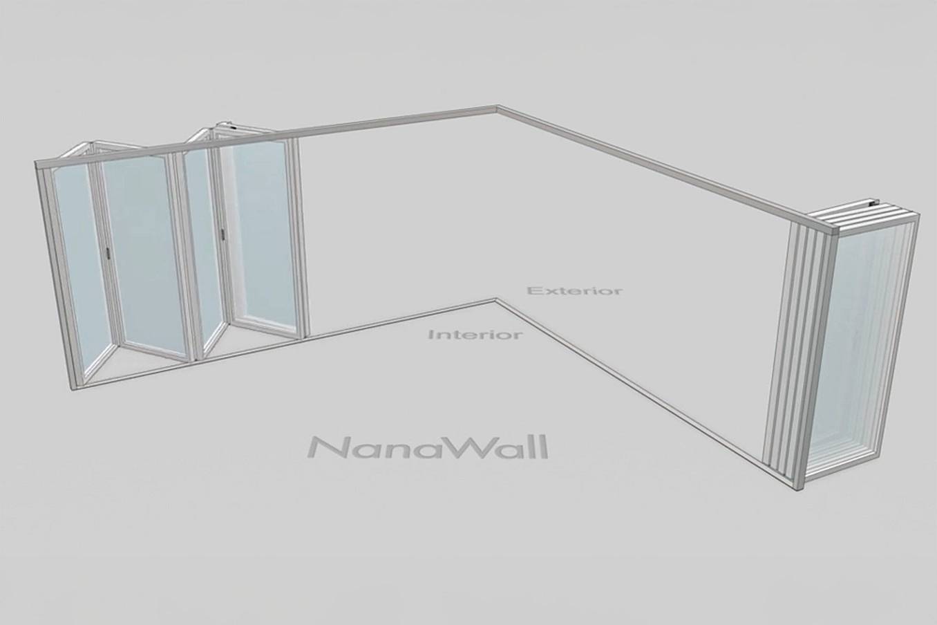 NanaWall open-corner configuration: 10-panel folding glass door, outward opening; 5 panels fold left and 5 panels fold right (o5L5R)