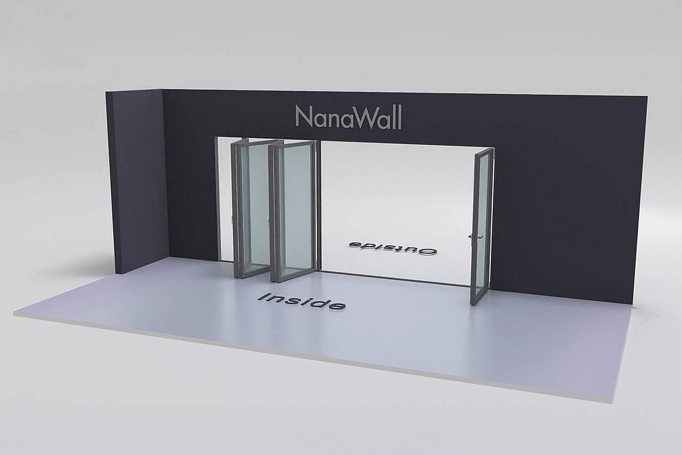 NanaWall Fourfold configuration: 5-panel folding glass door, inward opening; 4-panel set folds left/right and 1 panel folds right (i4LR, 1R)