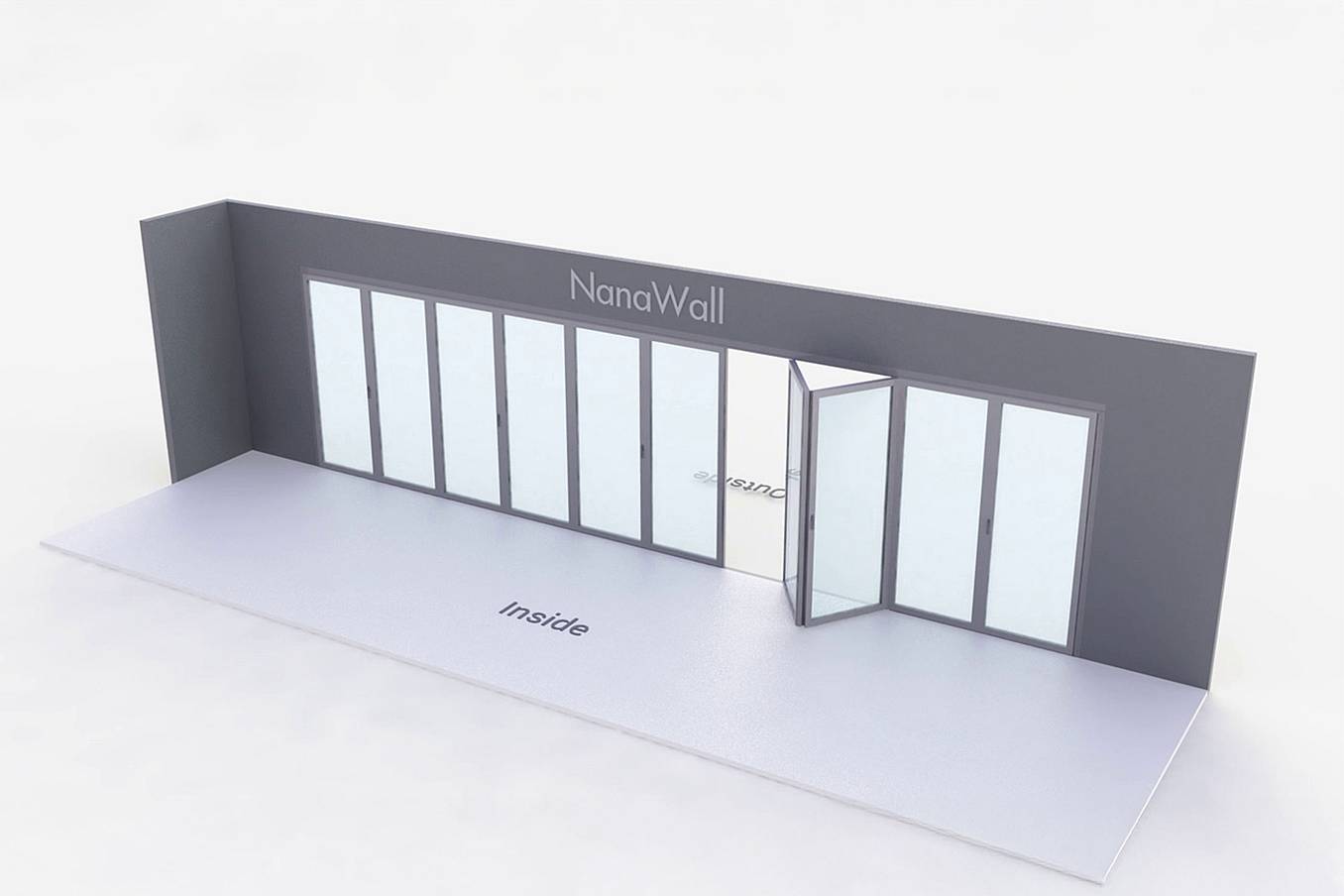 NanaWall standard configuration: 10-panel folding glass door, inward opening; 6 panels fold left and 4 panels fold right (i6L4R)