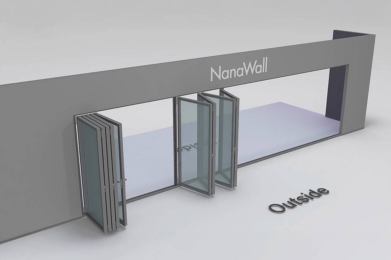 NanaWall Fourfold configuration: 9-panel folding glass door, outward opening; 4-panel set folds left/right and 5 panels fold right (o4LR, 5R)