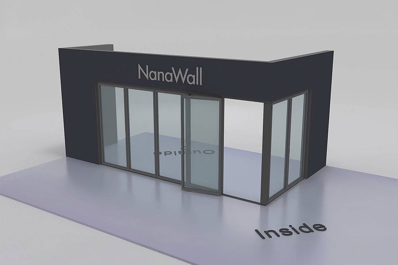 NanaWall open-corner configuration: 7-panel folding glass door, inward opening; 5 panels fold left and 2 panels fold right (i5L2R)