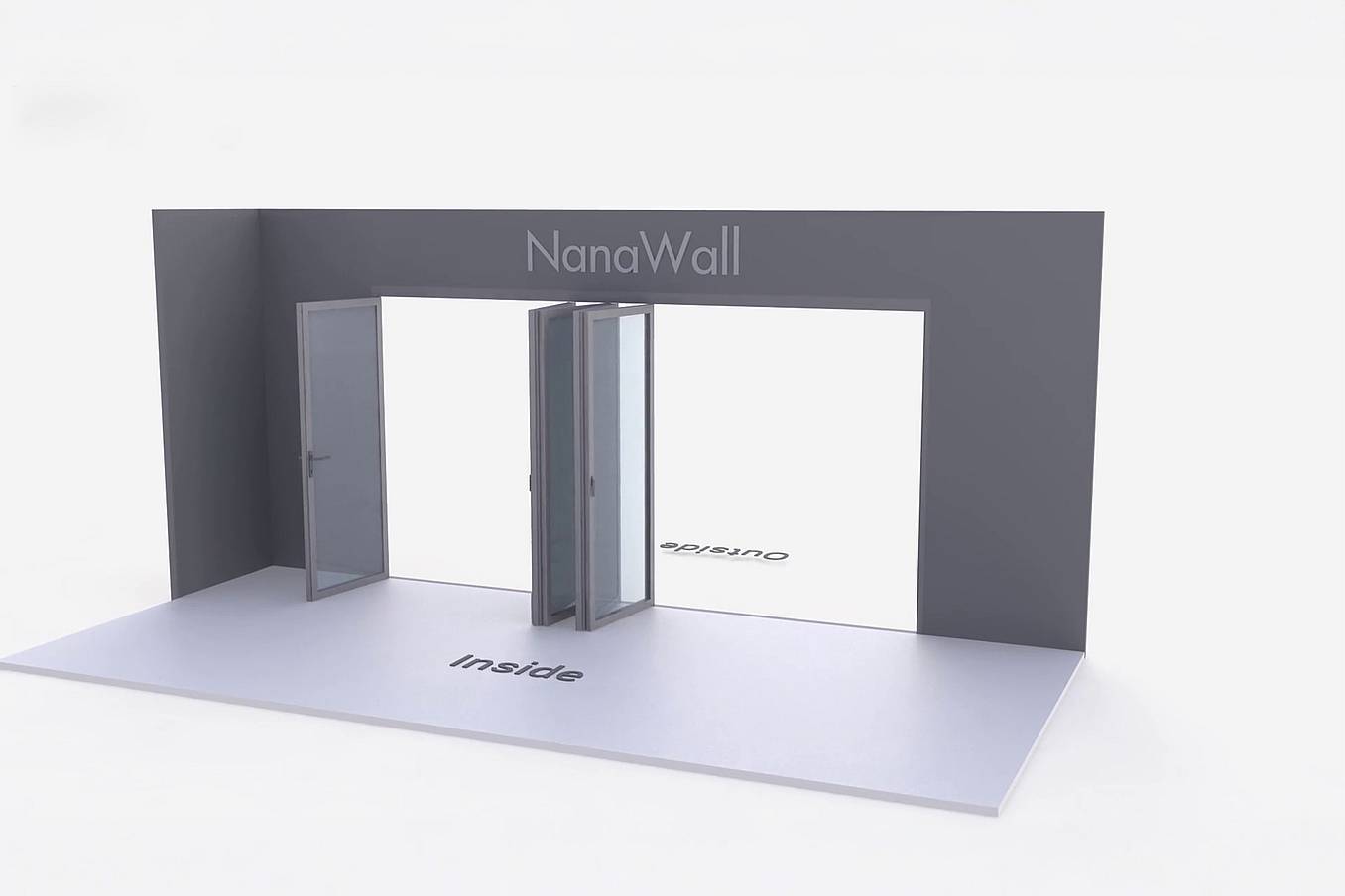 NanaWall Fourfold configuration: 5-panel folding glass door, inward opening; 1 panel folds left and 4-panel set folds left/right (i1L, 4LR)